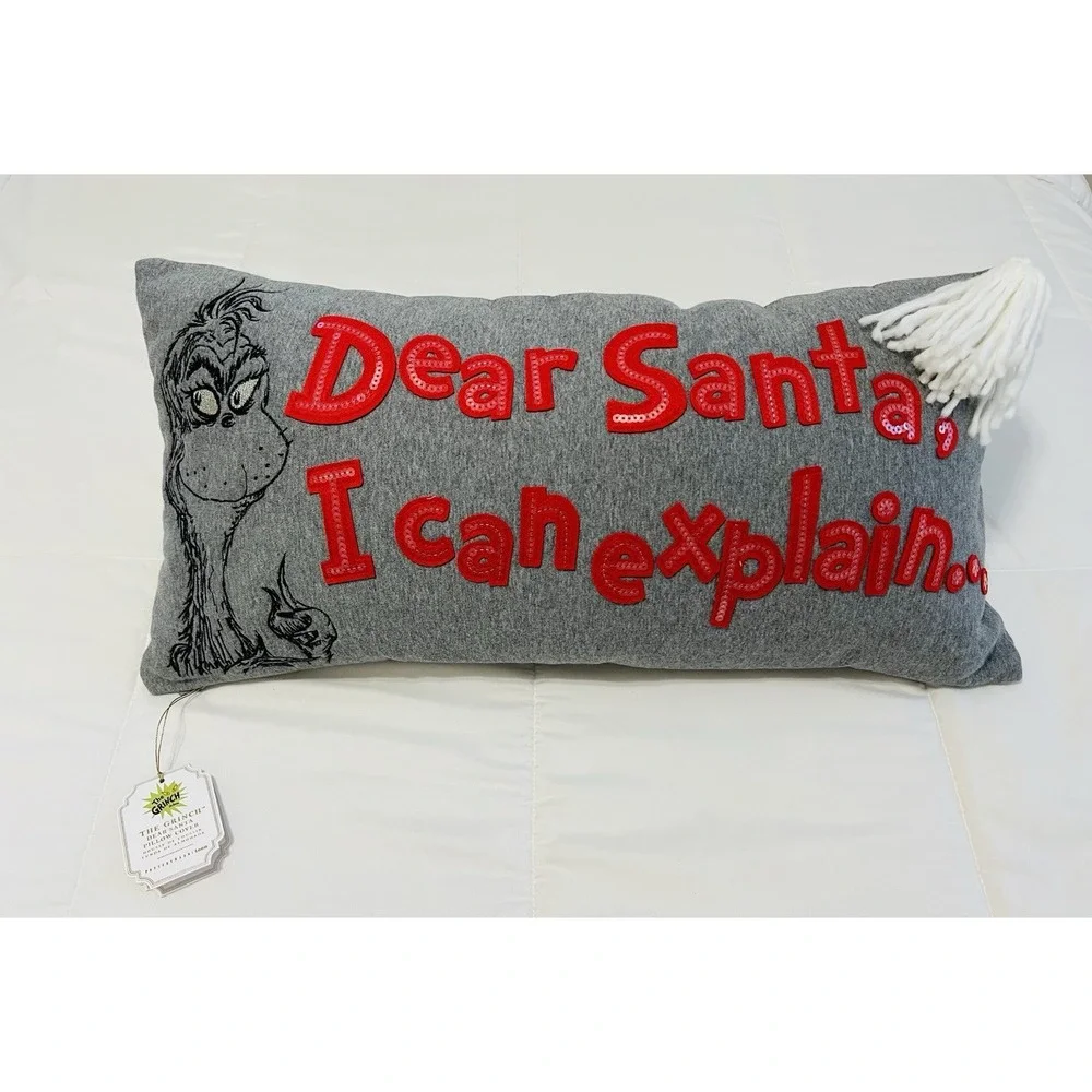Pottery Barn Dr. Seuss The Grinch Dear Santa Christmas Holiday Pillow Sz 12x24in